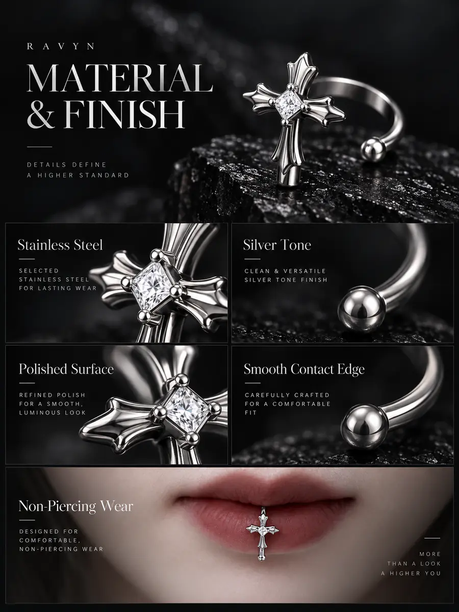 Cross Lip Cuff & Ear Cuff, No Piercing Fake Lip Ring, Gothic Punk Alternative Jewelry for Women & Men - product image