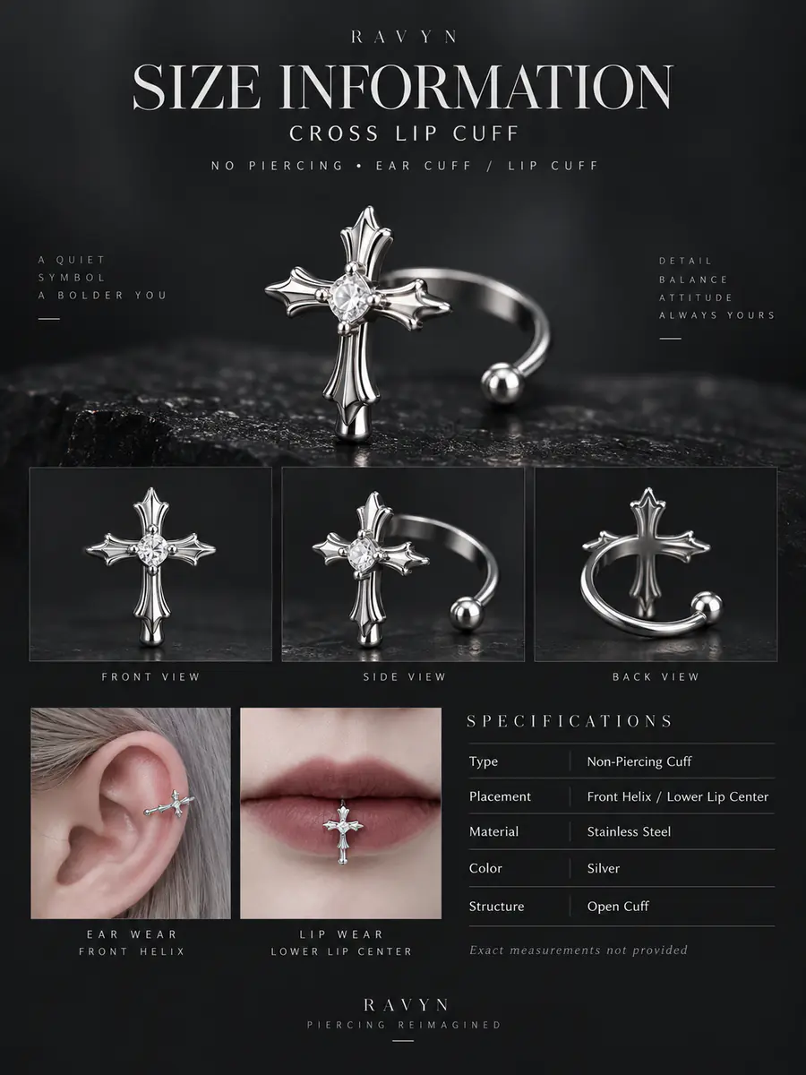 Cross Lip Cuff & Ear Cuff, No Piercing Fake Lip Ring, Gothic Punk Alternative Jewelry for Women & Men - product image