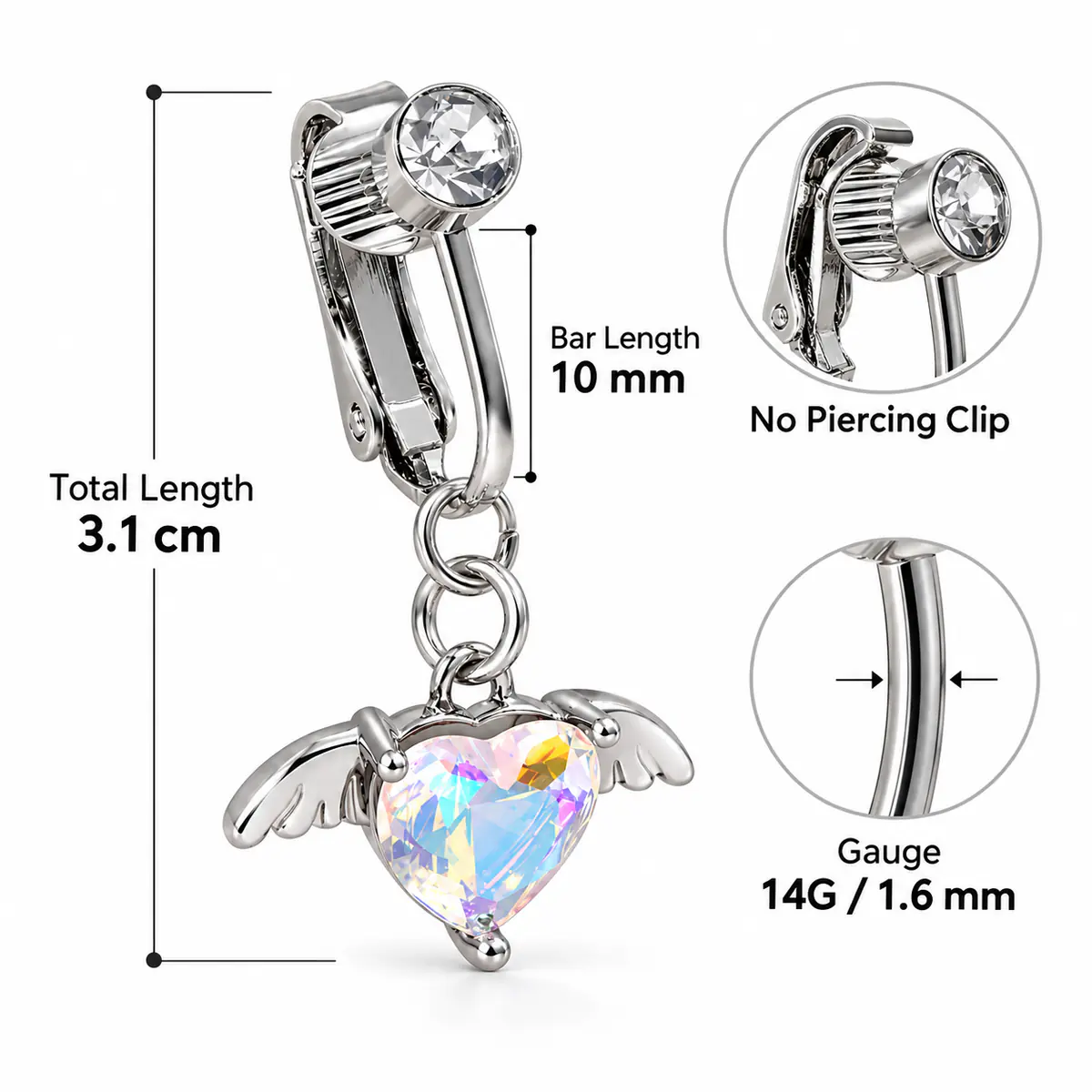 Angel Wing Heart Fake Belly Button Ring, No Piercing Navel Clip, Crystal Dangle Body Jewelry for Women - product image