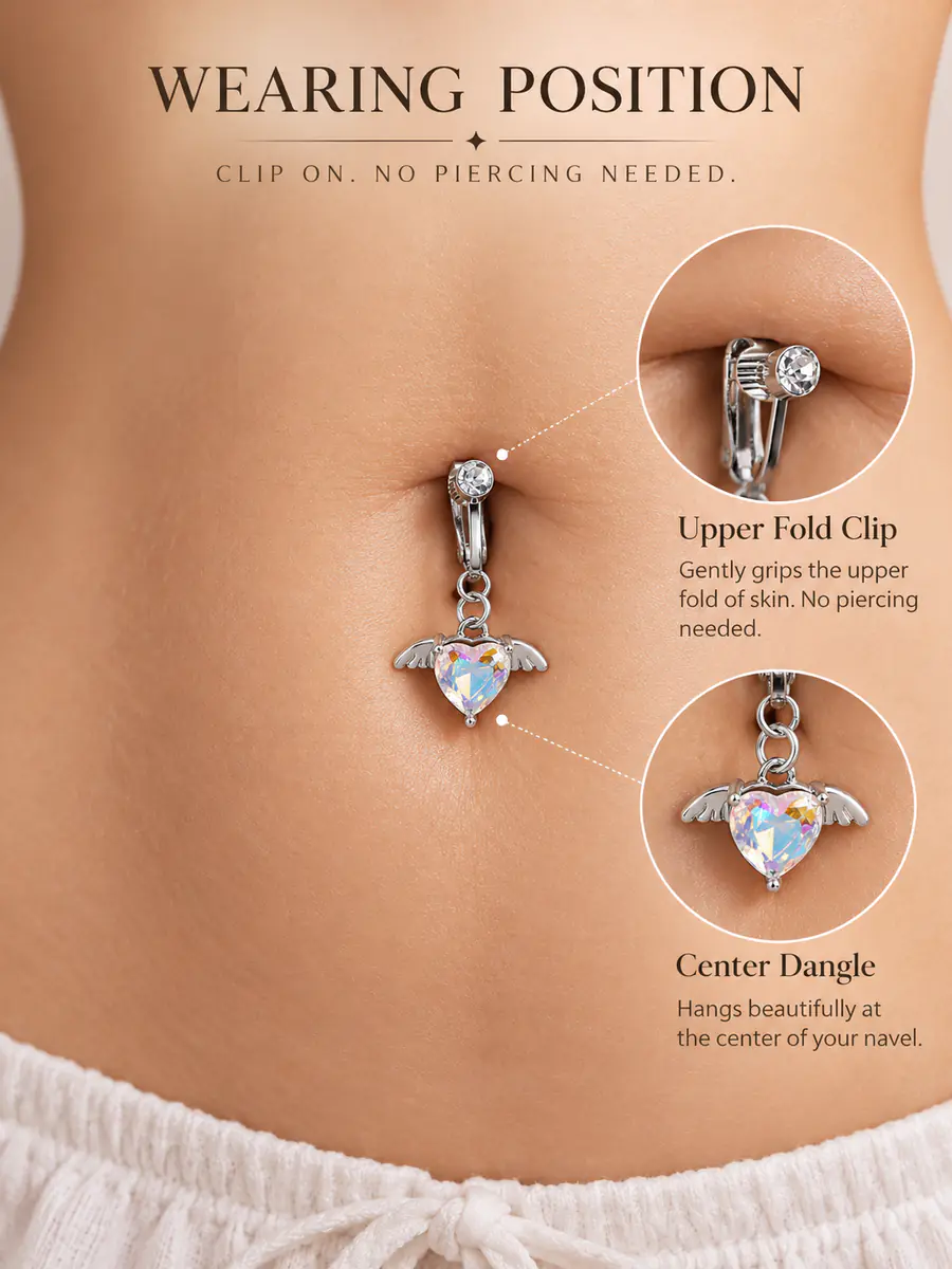 Angel Wing Heart Fake Belly Button Ring, No Piercing Navel Clip, Crystal Dangle Body Jewelry for Women - product image