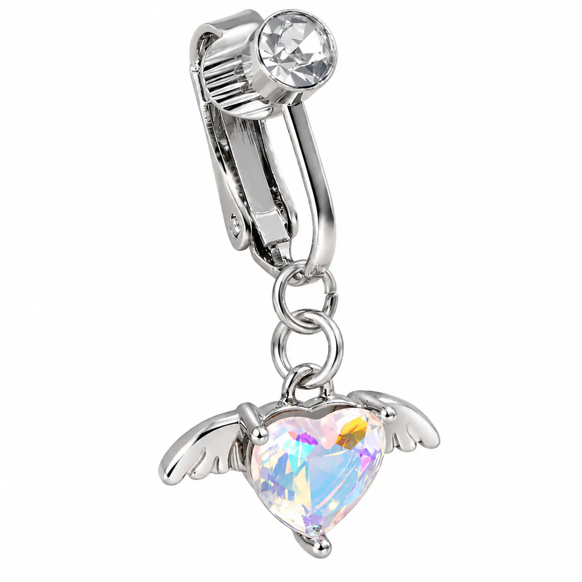 Angel Wing Heart Fake Belly Button Ring, No Piercing Navel Clip, Crystal Dangle Body Jewelry for Women - 1_pcs