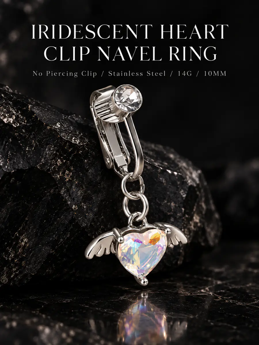 Angel Wing Heart Fake Belly Button Ring, No Piercing Navel Clip, Crystal Dangle Body Jewelry for Women - product image