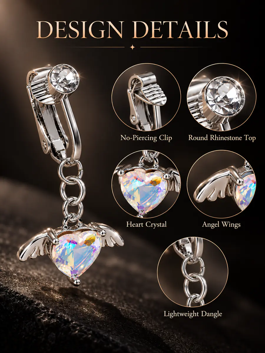 Angel Wing Heart Fake Belly Button Ring, No Piercing Navel Clip, Crystal Dangle Body Jewelry for Women - product image
