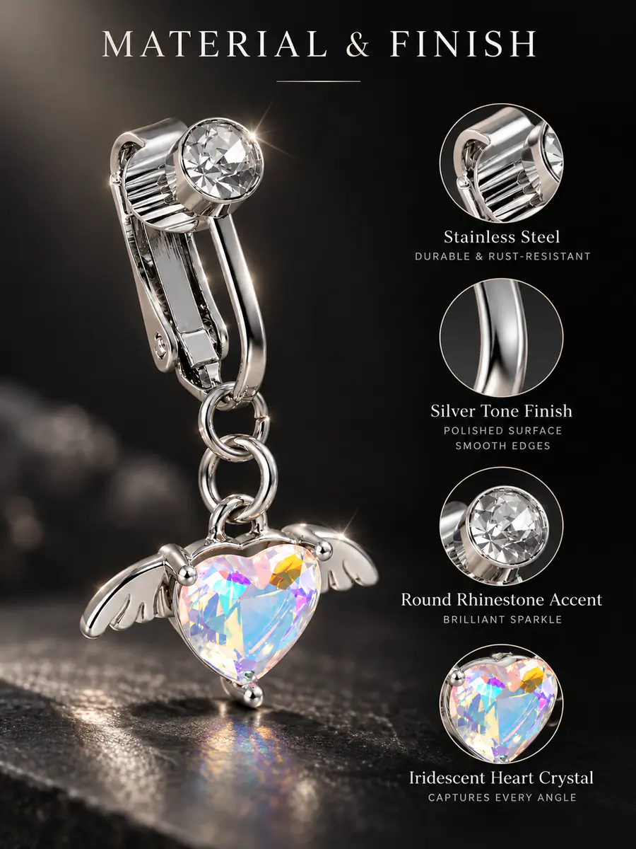 Angel Wing Heart Fake Belly Button Ring, No Piercing Navel Clip, Crystal Dangle Body Jewelry for Women - product image