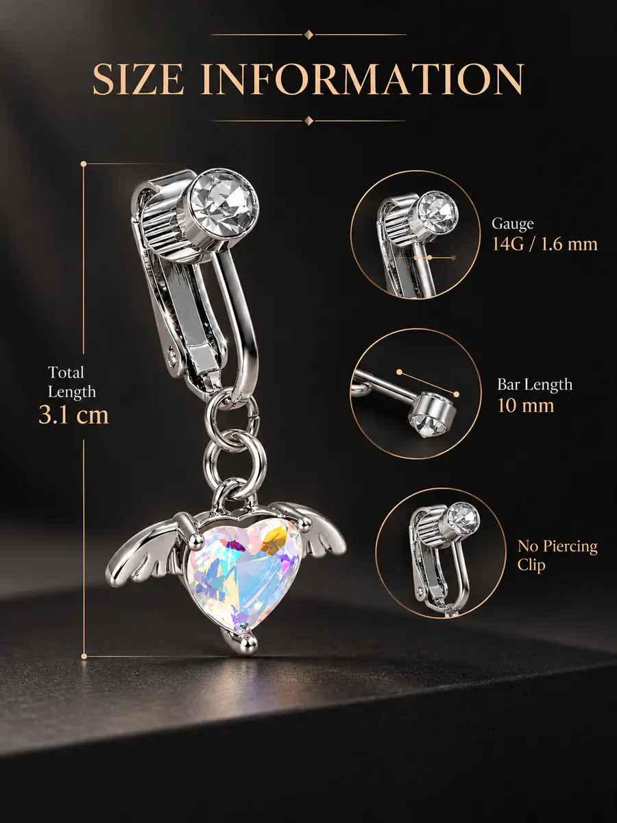 Angel Wing Heart Fake Belly Button Ring, No Piercing Navel Clip, Crystal Dangle Body Jewelry for Women - product image