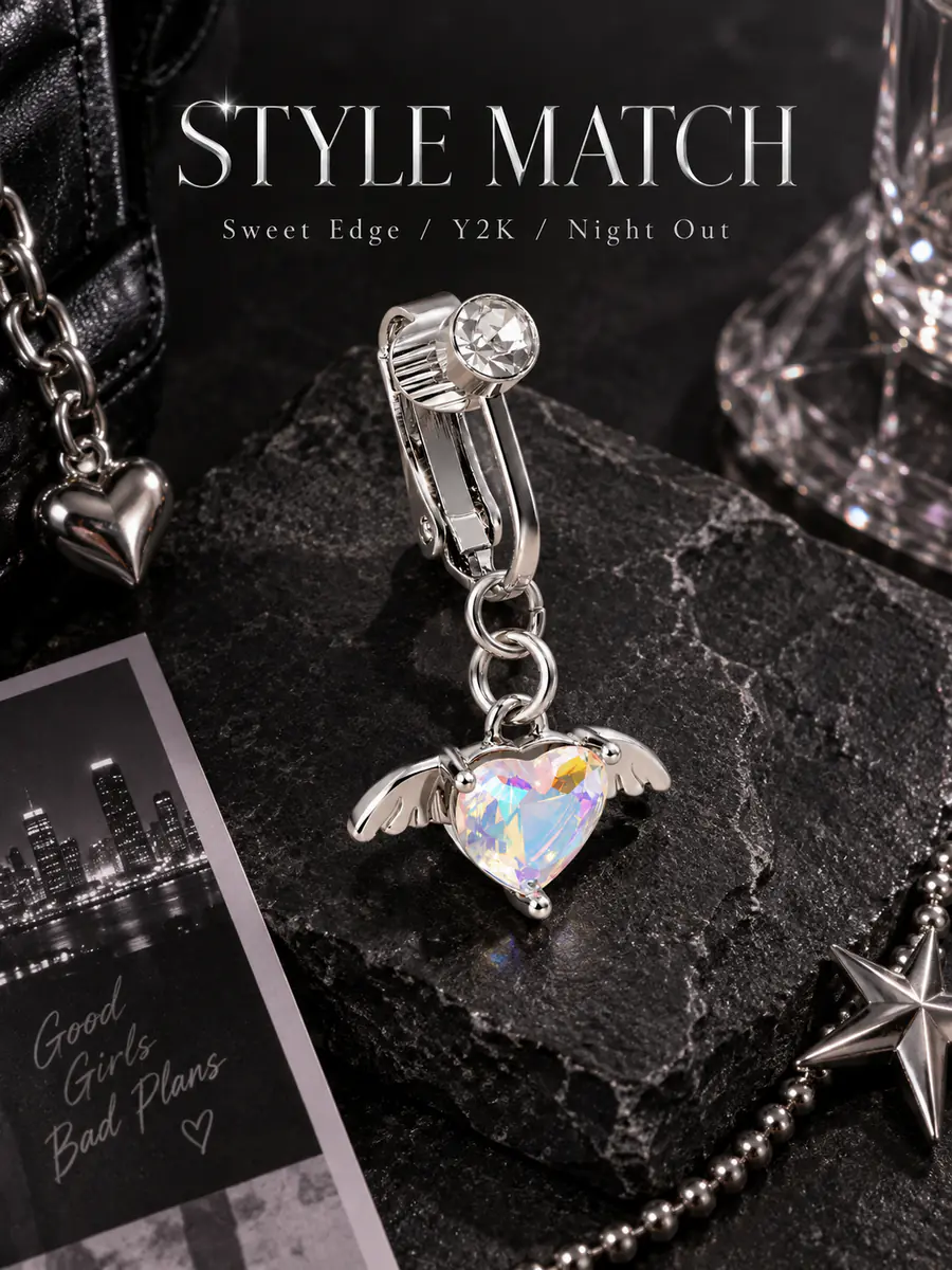 Angel Wing Heart Fake Belly Button Ring, No Piercing Navel Clip, Crystal Dangle Body Jewelry for Women - product image
