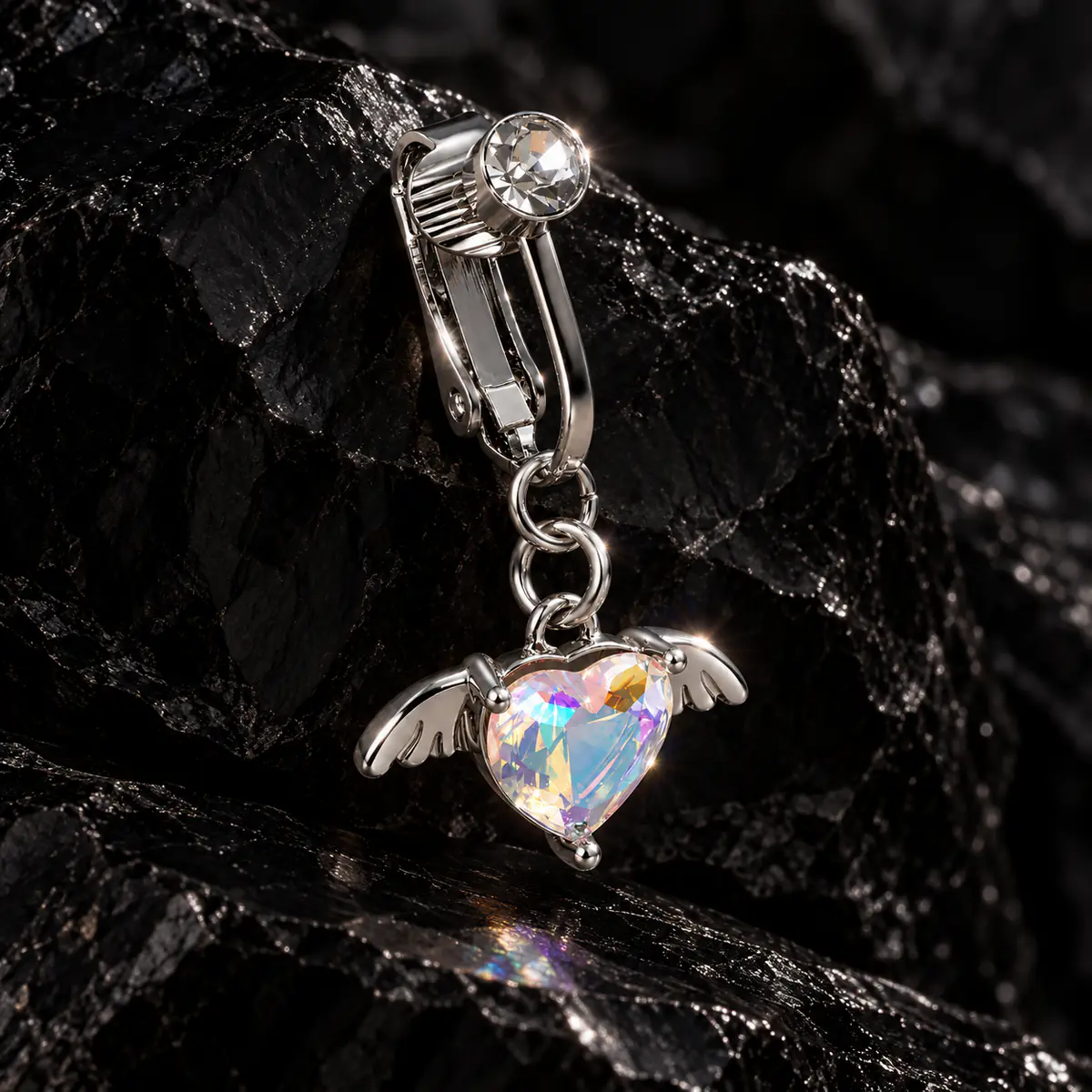 Angel Wing Heart Fake Belly Button Ring, No Piercing Navel Clip, Crystal Dangle Body Jewelry for Women - product image