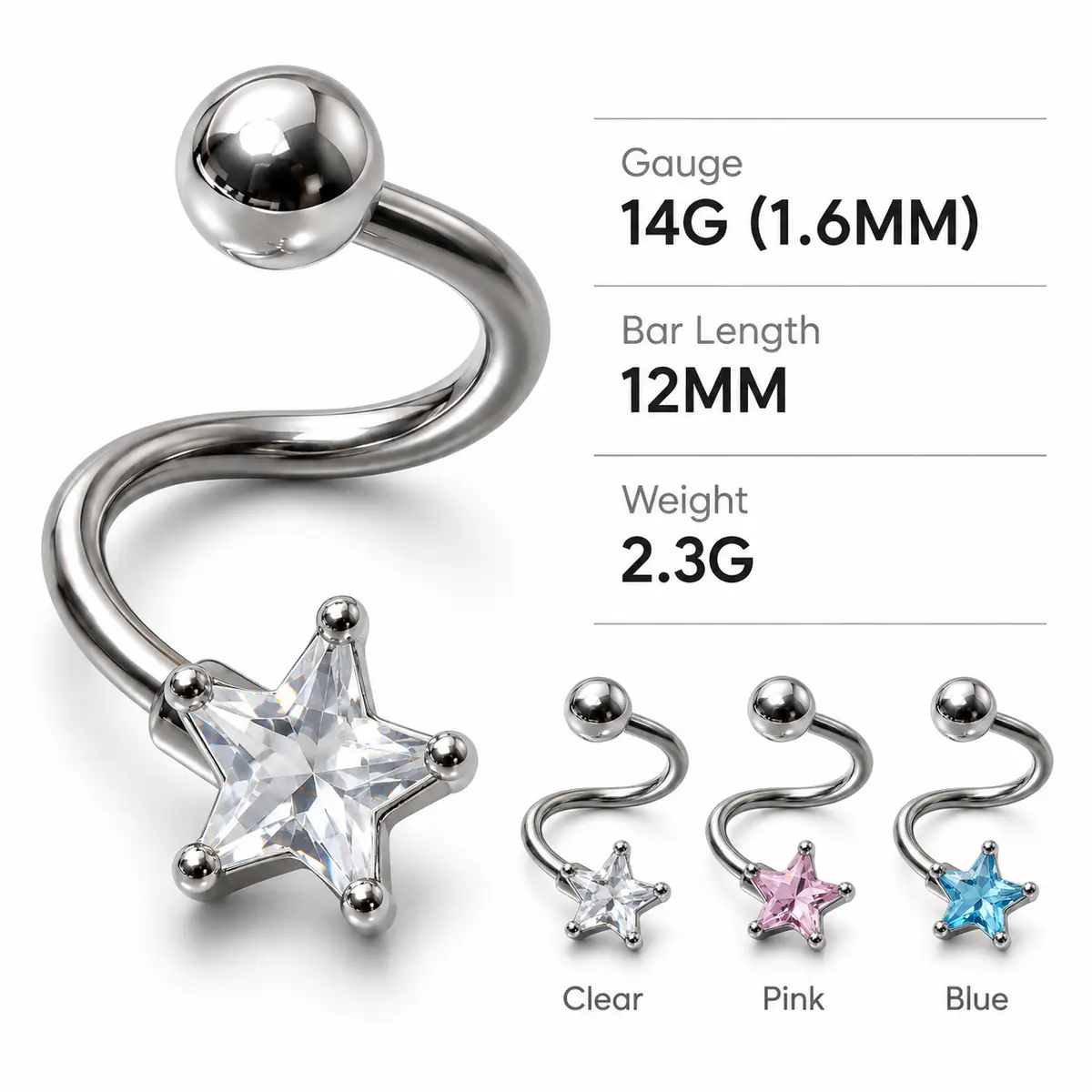 14G Star CZ Tongue Ring, S-Shaped Curved Barbell, Edgy Alternative Tongue Piercing Jewelry - product image