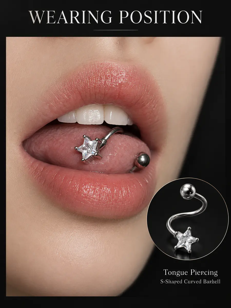 14G Star CZ Tongue Ring, S-Shaped Curved Barbell, Edgy Alternative Tongue Piercing Jewelry - product image