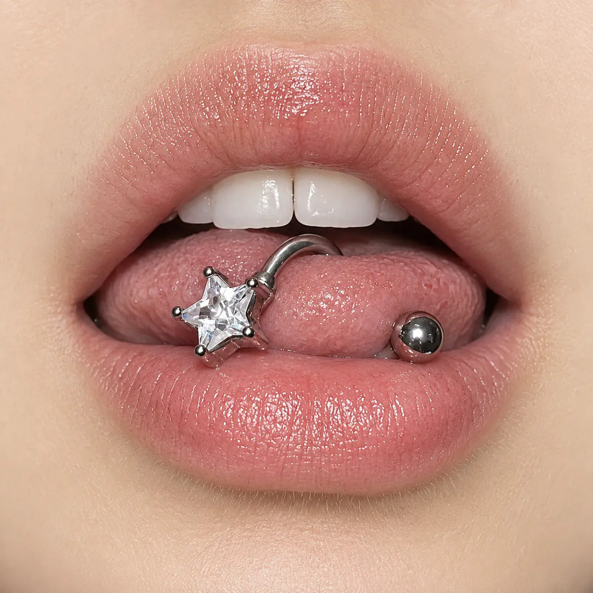 14G Star CZ Tongue Ring, S-Shaped Curved Barbell, Edgy Alternative Tongue Piercing Jewelry - wearing view