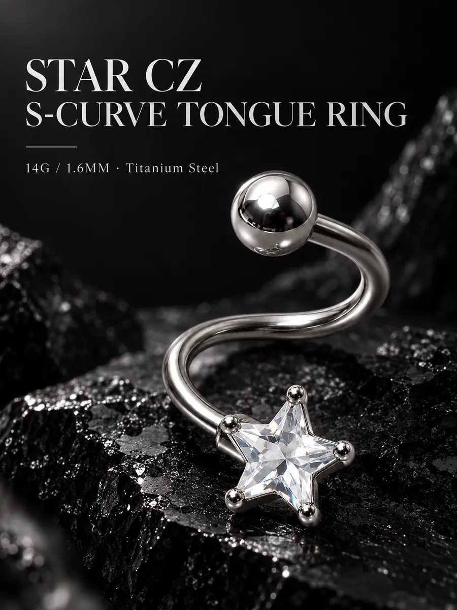 14G Star CZ Tongue Ring, S-Shaped Curved Barbell, Edgy Alternative Tongue Piercing Jewelry - product image