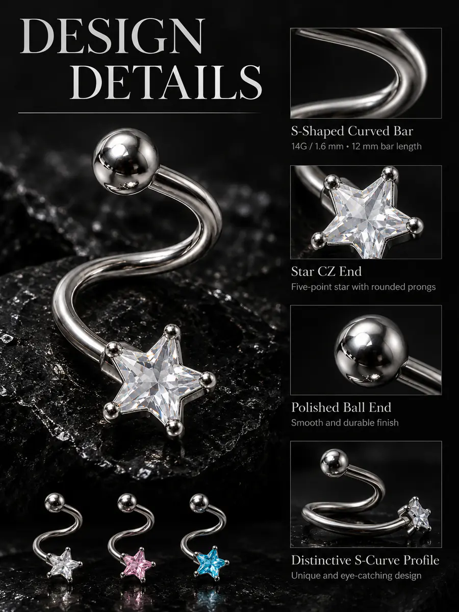 14G Star CZ Tongue Ring, S-Shaped Curved Barbell, Edgy Alternative Tongue Piercing Jewelry - product image