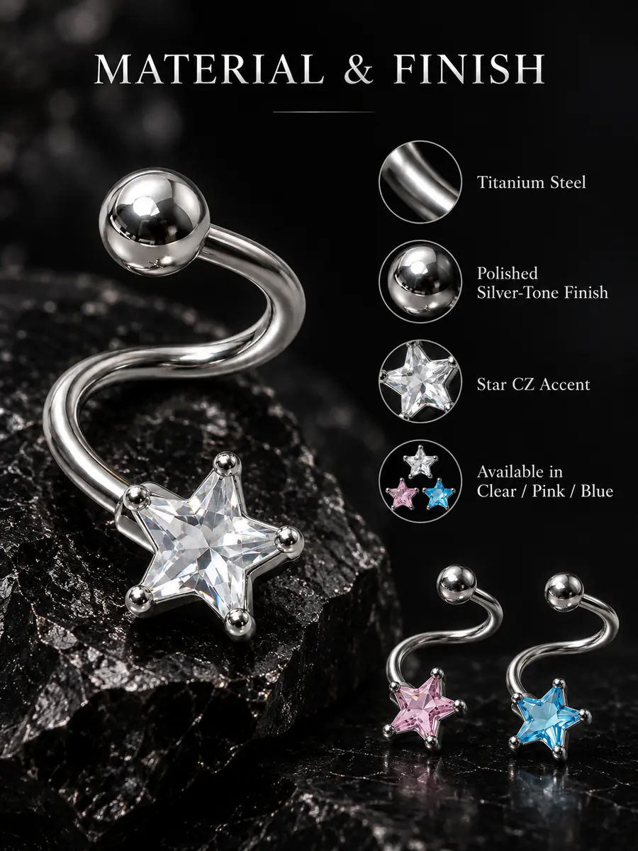 14G Star CZ Tongue Ring, S-Shaped Curved Barbell, Edgy Alternative Tongue Piercing Jewelry - product image