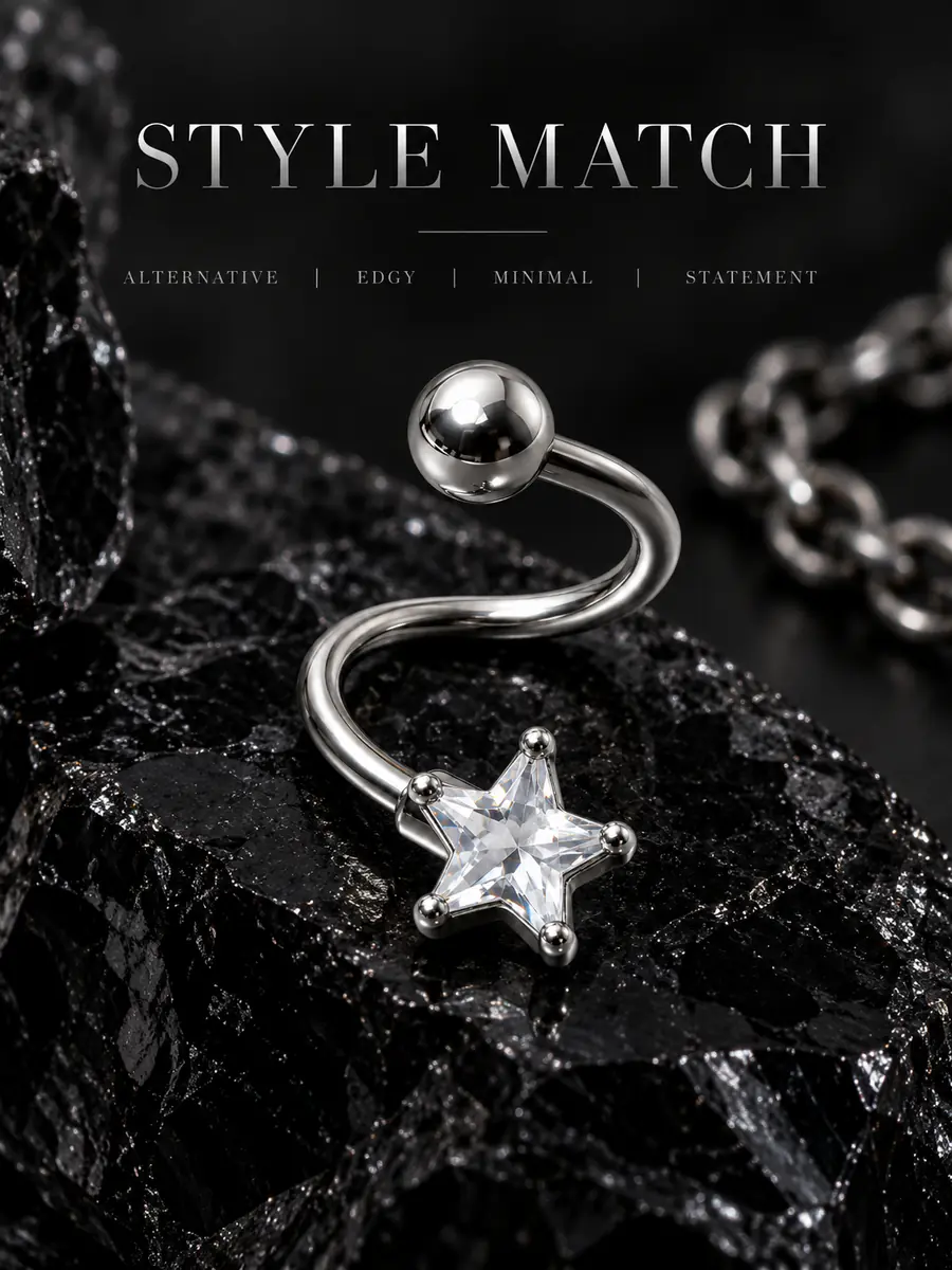 14G Star CZ Tongue Ring, S-Shaped Curved Barbell, Edgy Alternative Tongue Piercing Jewelry - product image