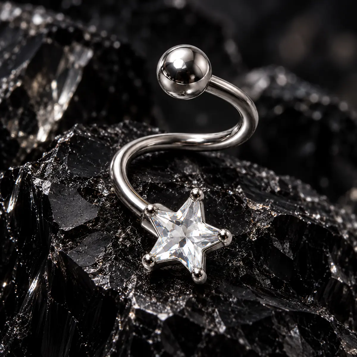 14G Star CZ Tongue Ring, S-Shaped Curved Barbell, Edgy Alternative Tongue Piercing Jewelry - product image