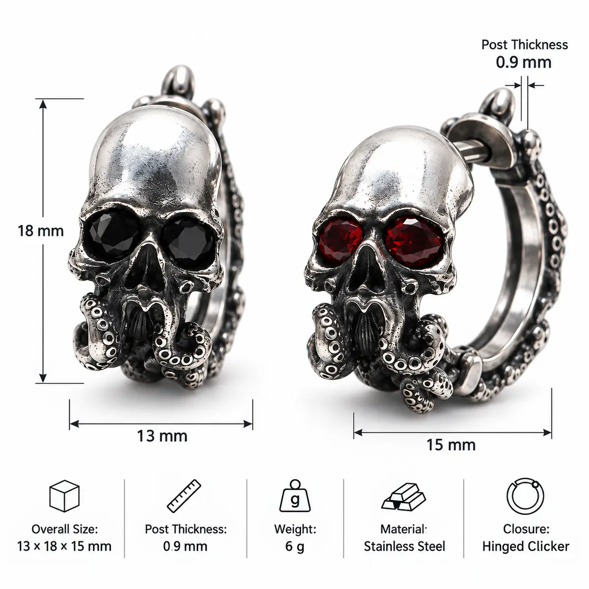 Gothic Skull Tentacle Hoop Earrings, Red Gem Eye Dark Fantasy Punk Earrings, Alternative Statement Jewelry - product image