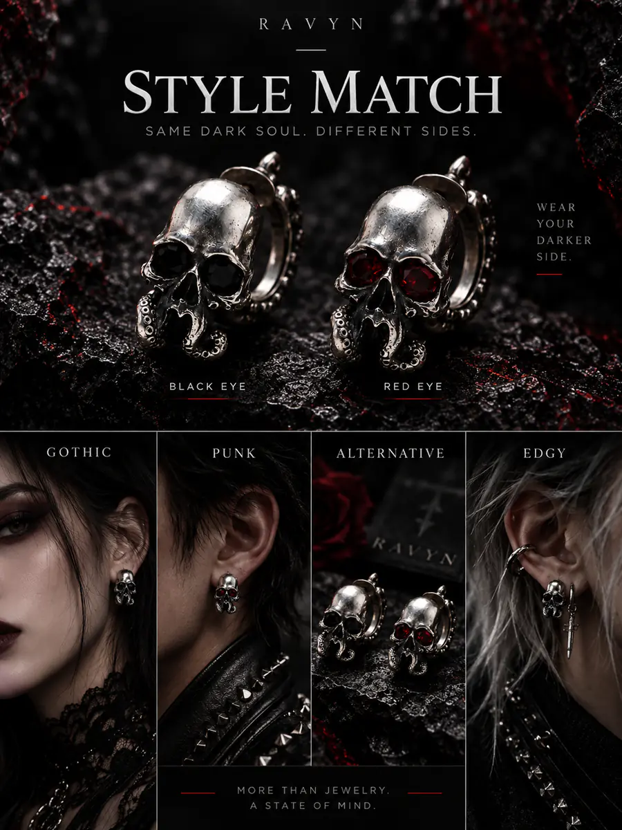Gothic Skull Tentacle Hoop Earrings, Red Gem Eye Dark Fantasy Punk Earrings, Alternative Statement Jewelry - product image