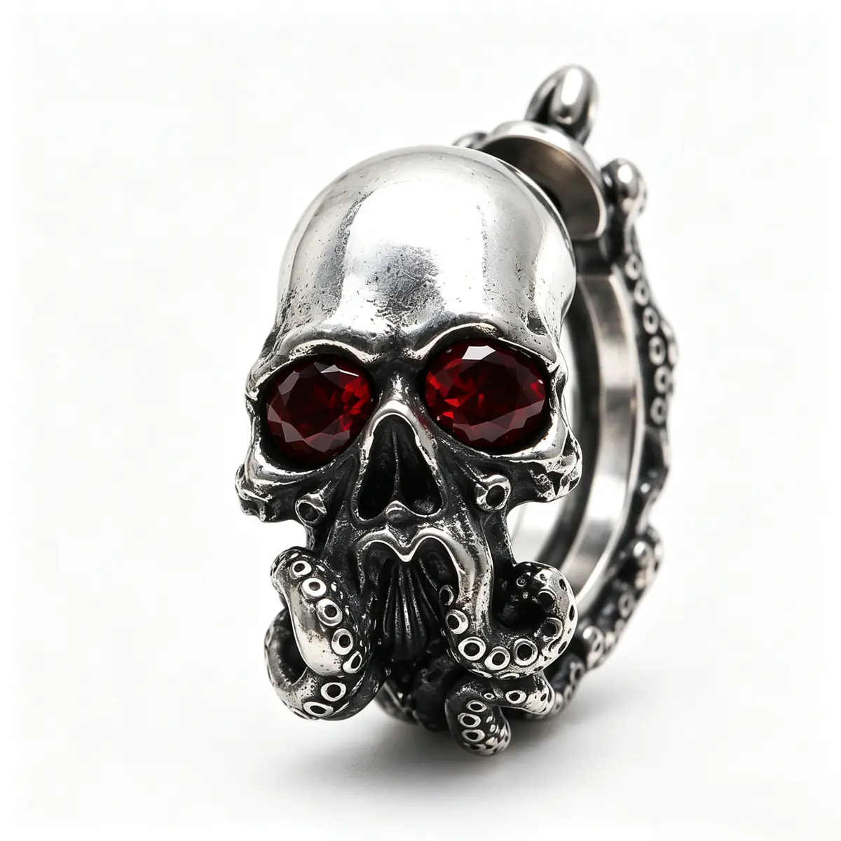 Gothic Skull Tentacle Hoop Earrings, Red Gem Eye Dark Fantasy Punk Earrings, Alternative Statement Jewelry - Red Eye - 1 Pair