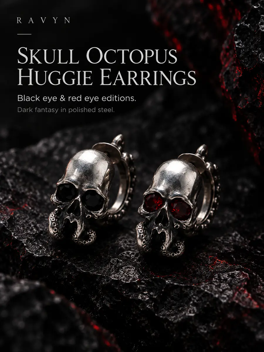 Gothic Skull Tentacle Hoop Earrings, Red Gem Eye Dark Fantasy Punk Earrings, Alternative Statement Jewelry - product image