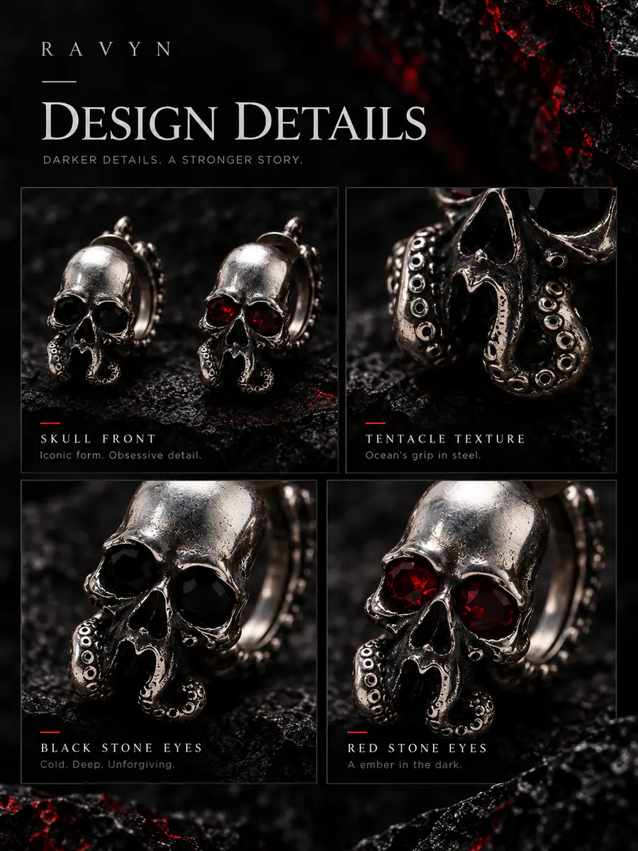 Gothic Skull Tentacle Hoop Earrings, Red Gem Eye Dark Fantasy Punk Earrings, Alternative Statement Jewelry - product image