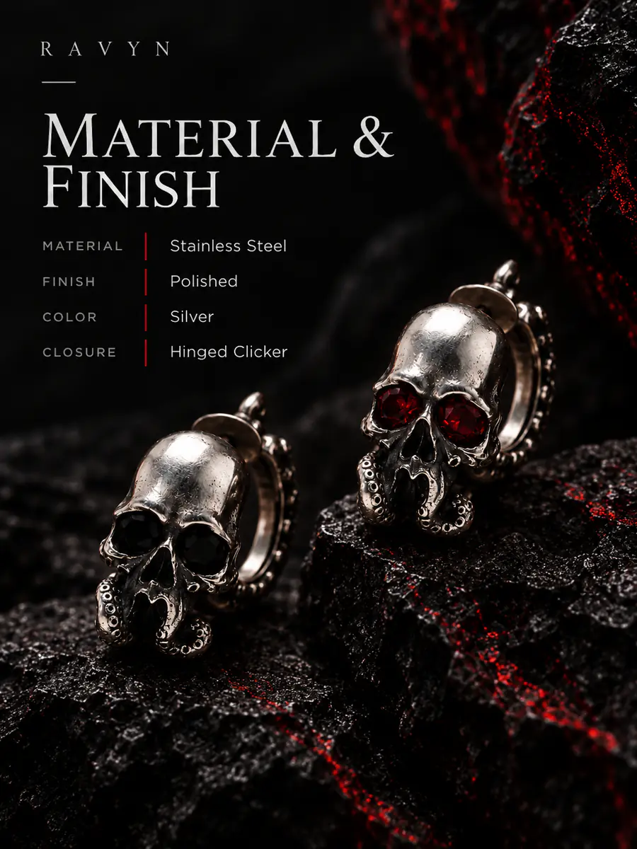 Gothic Skull Tentacle Hoop Earrings, Red Gem Eye Dark Fantasy Punk Earrings, Alternative Statement Jewelry - product image