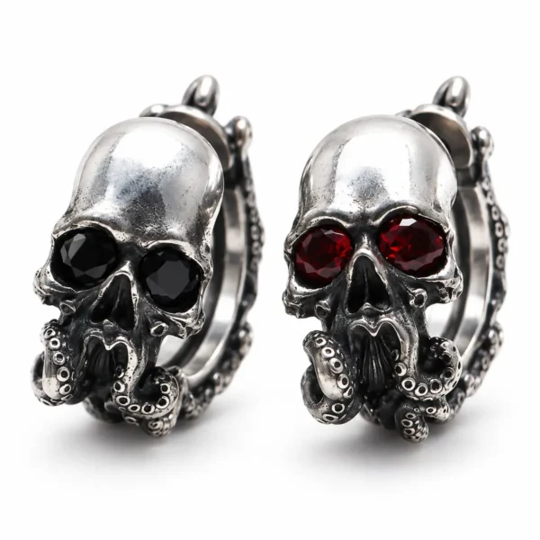 Gothic Skull Tentacle Hoop Earrings, Red Gem Eye Dark Fantasy Punk Earrings, Alternative Statement Jewelry