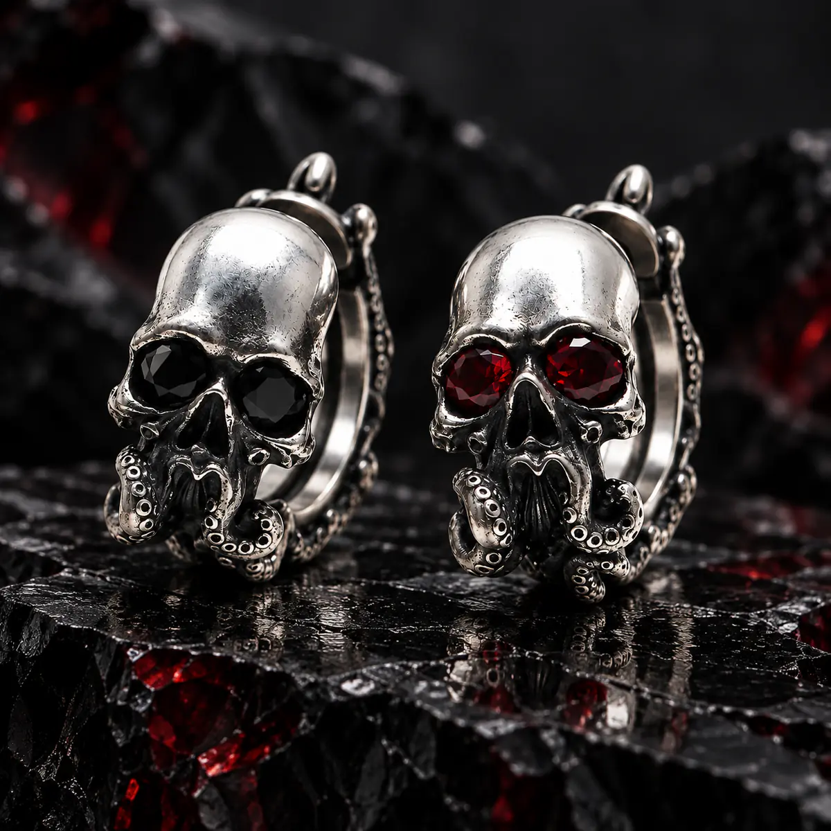 Gothic Skull Tentacle Hoop Earrings, Red Gem Eye Dark Fantasy Punk Earrings, Alternative Statement Jewelry - product image