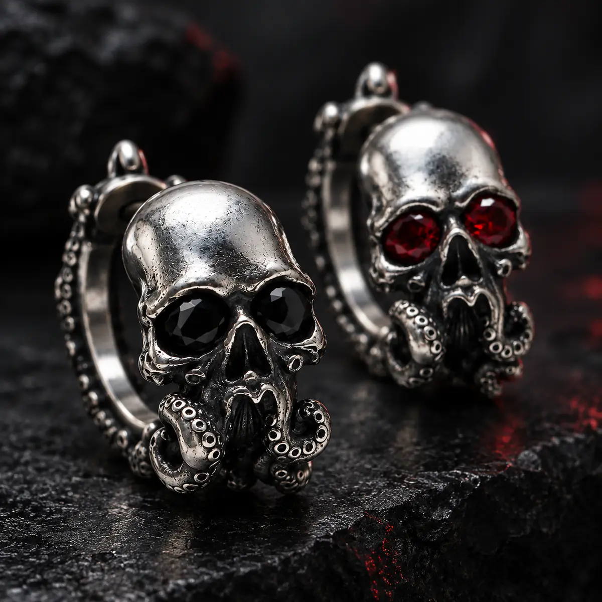 Gothic Skull Tentacle Hoop Earrings, Red Gem Eye Dark Fantasy Punk Earrings, Alternative Statement Jewelry - product image