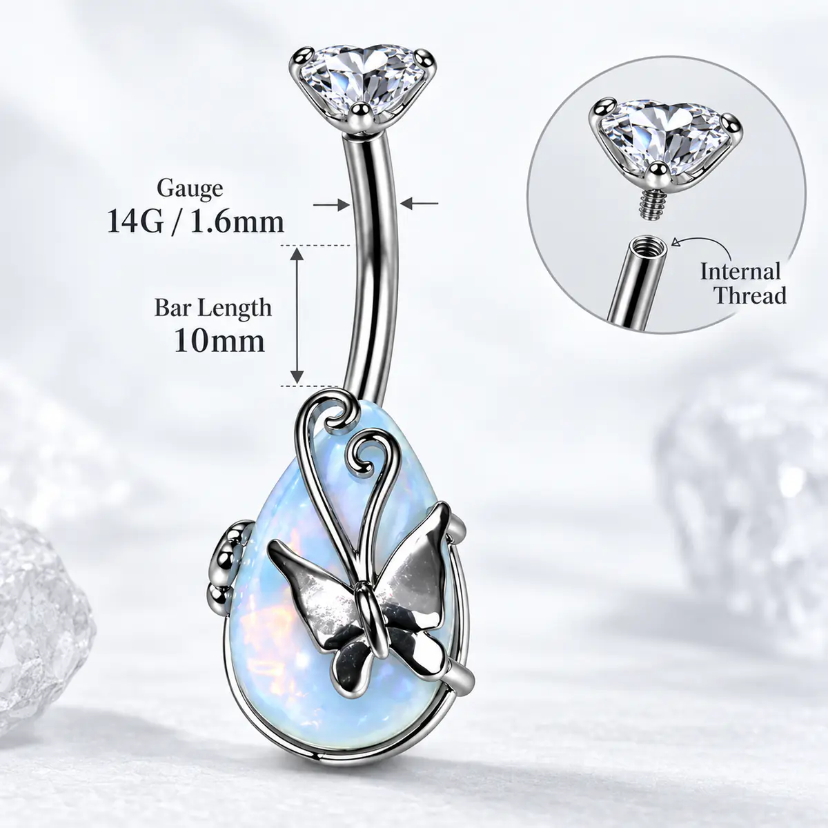 Titanium Steel Opal Teardrop Butterfly Belly Button Ring, Internal Thread Navel Piercing, Iridescent Body Jewelry for Women - product image