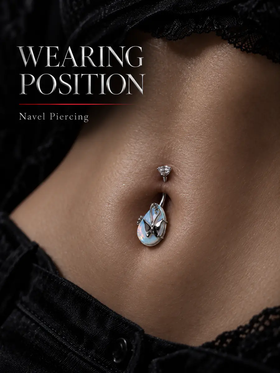 Titanium Steel Opal Teardrop Butterfly Belly Button Ring, Internal Thread Navel Piercing, Iridescent Body Jewelry for Women - product image