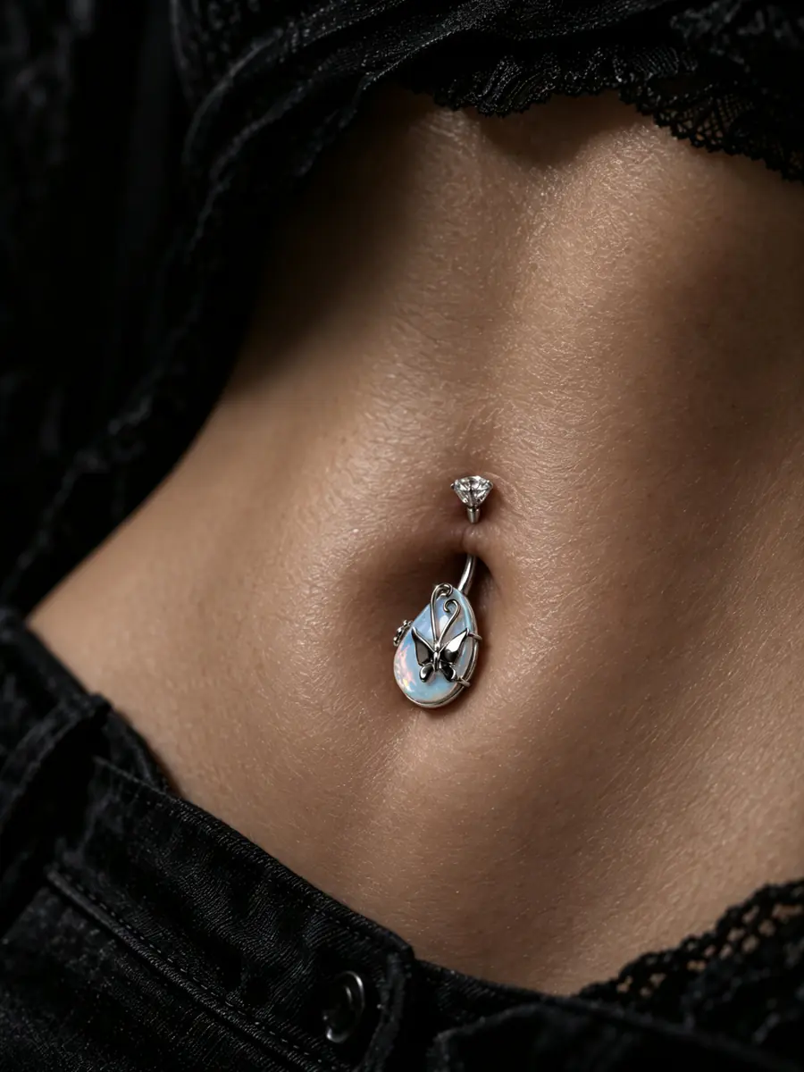 Titanium Steel Opal Teardrop Butterfly Belly Button Ring, Internal Thread Navel Piercing, Iridescent Body Jewelry for Women - wearing view