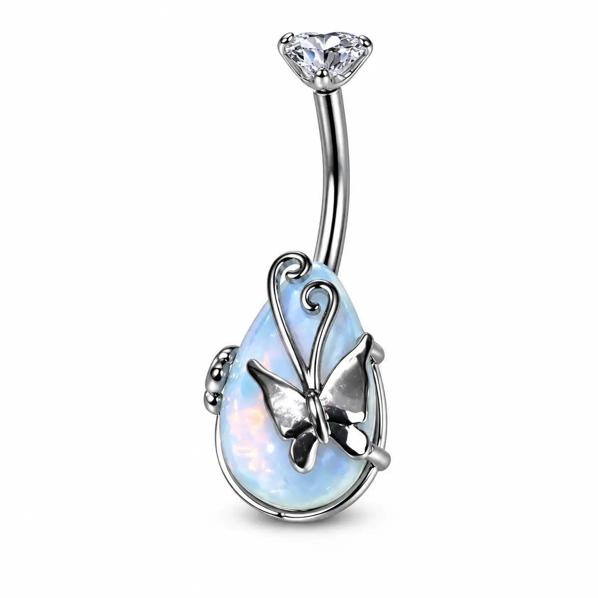 Titanium Steel Opal Teardrop Butterfly Belly Button Ring, Internal Thread Navel Piercing, Iridescent Body Jewelry for Women - 1_pcs