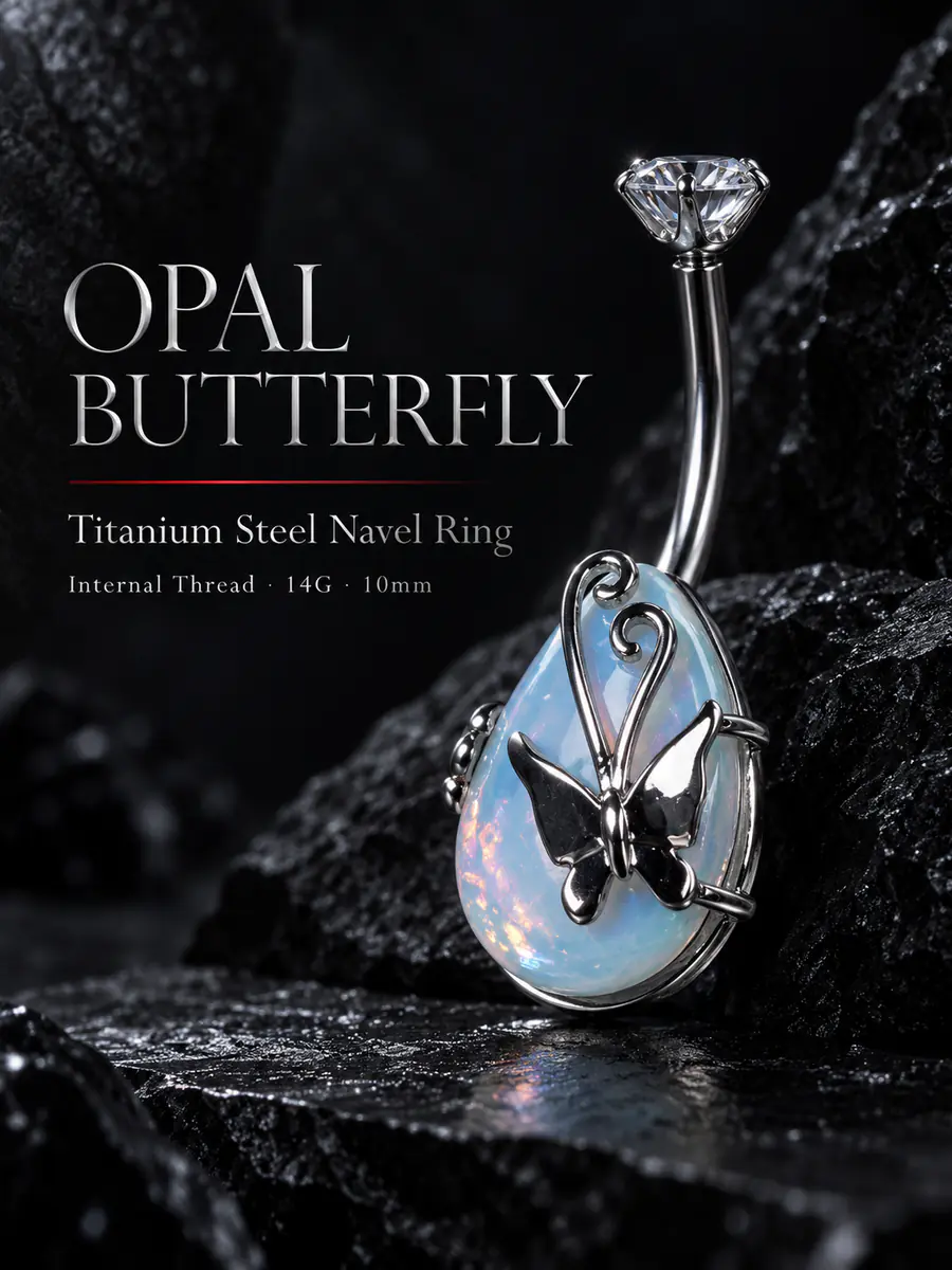 Titanium Steel Opal Teardrop Butterfly Belly Button Ring, Internal Thread Navel Piercing, Iridescent Body Jewelry for Women - product image