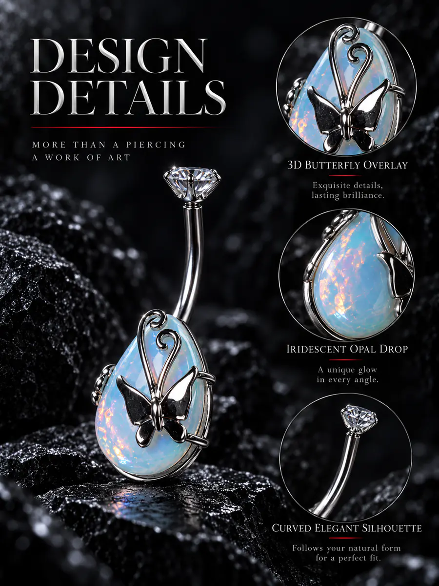 Titanium Steel Opal Teardrop Butterfly Belly Button Ring, Internal Thread Navel Piercing, Iridescent Body Jewelry for Women - product image