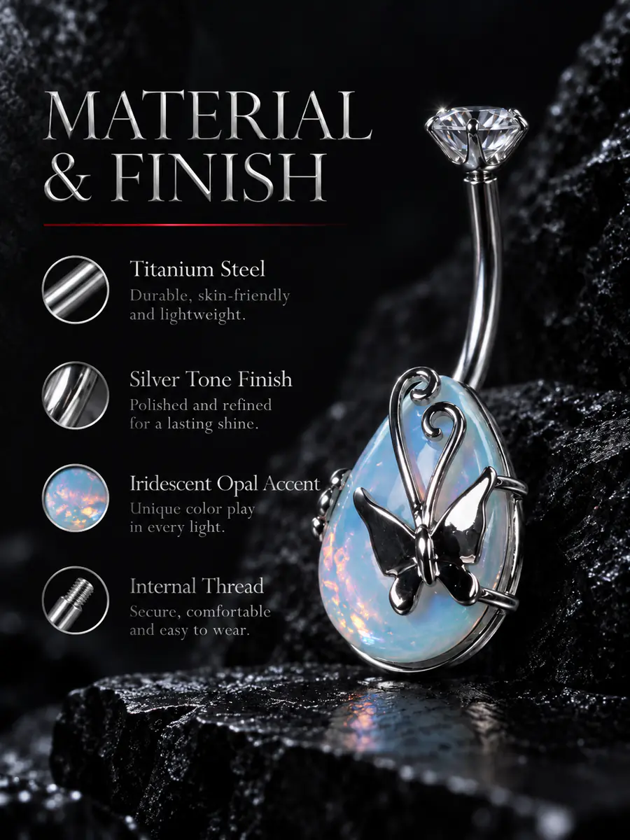 Titanium Steel Opal Teardrop Butterfly Belly Button Ring, Internal Thread Navel Piercing, Iridescent Body Jewelry for Women - product image
