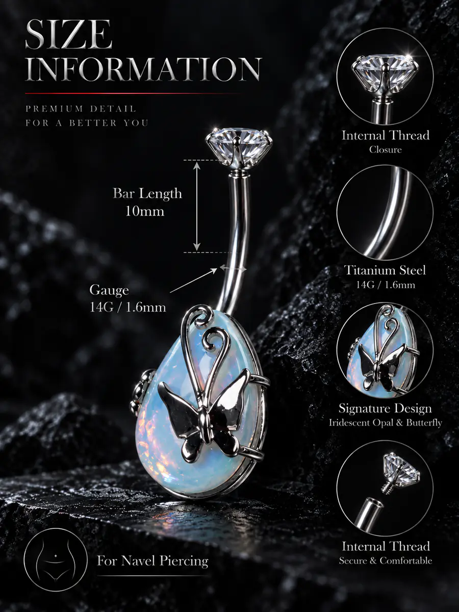 Titanium Steel Opal Teardrop Butterfly Belly Button Ring, Internal Thread Navel Piercing, Iridescent Body Jewelry for Women - product image