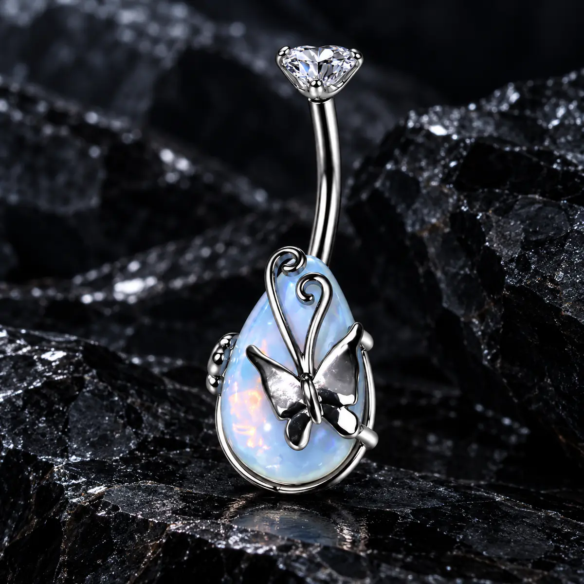Titanium Steel Opal Teardrop Butterfly Belly Button Ring, Internal Thread Navel Piercing, Iridescent Body Jewelry for Women - product image