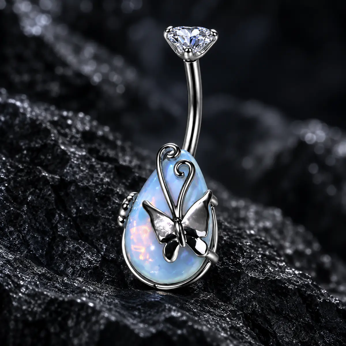 Titanium Steel Opal Teardrop Butterfly Belly Button Ring, Internal Thread Navel Piercing, Iridescent Body Jewelry for Women - product image