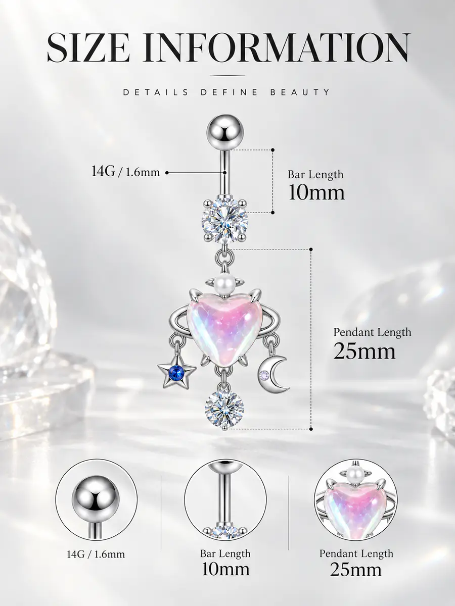 Opal Heart Belly Button Ring, Moon Star Planet Dangle Navel Ring, Celestial Crystal Piercing Jewelry for Women - product image