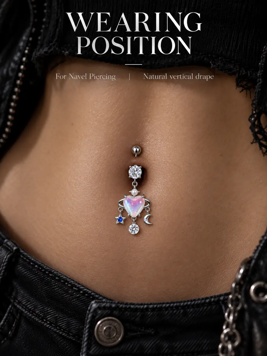 Opal Heart Belly Button Ring, Moon Star Planet Dangle Navel Ring, Celestial Crystal Piercing Jewelry for Women - product image