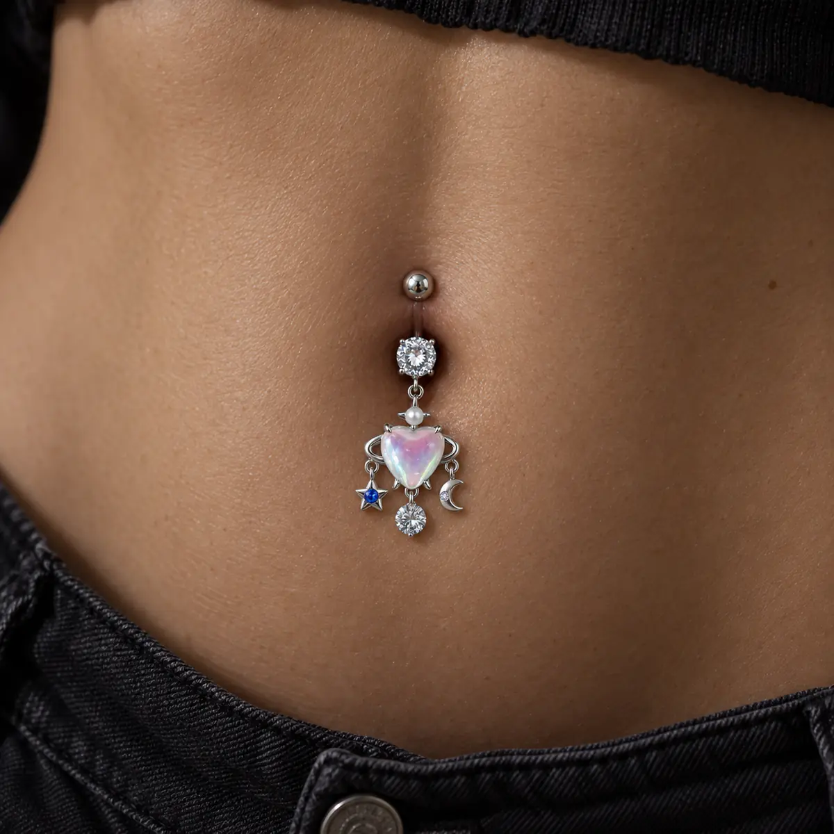 Opal Heart Belly Button Ring, Moon Star Planet Dangle Navel Ring, Celestial Crystal Piercing Jewelry for Women - wearing view