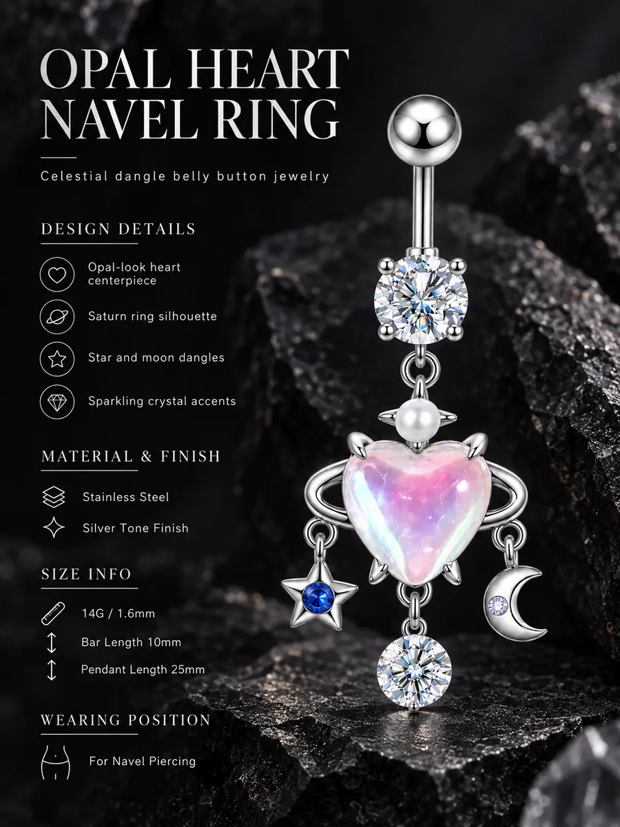 Opal Heart Belly Button Ring, Moon Star Planet Dangle Navel Ring, Celestial Crystal Piercing Jewelry for Women - product image
