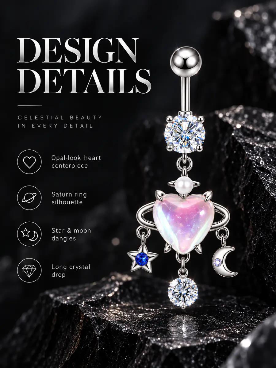 Opal Heart Belly Button Ring, Moon Star Planet Dangle Navel Ring, Celestial Crystal Piercing Jewelry for Women - product image
