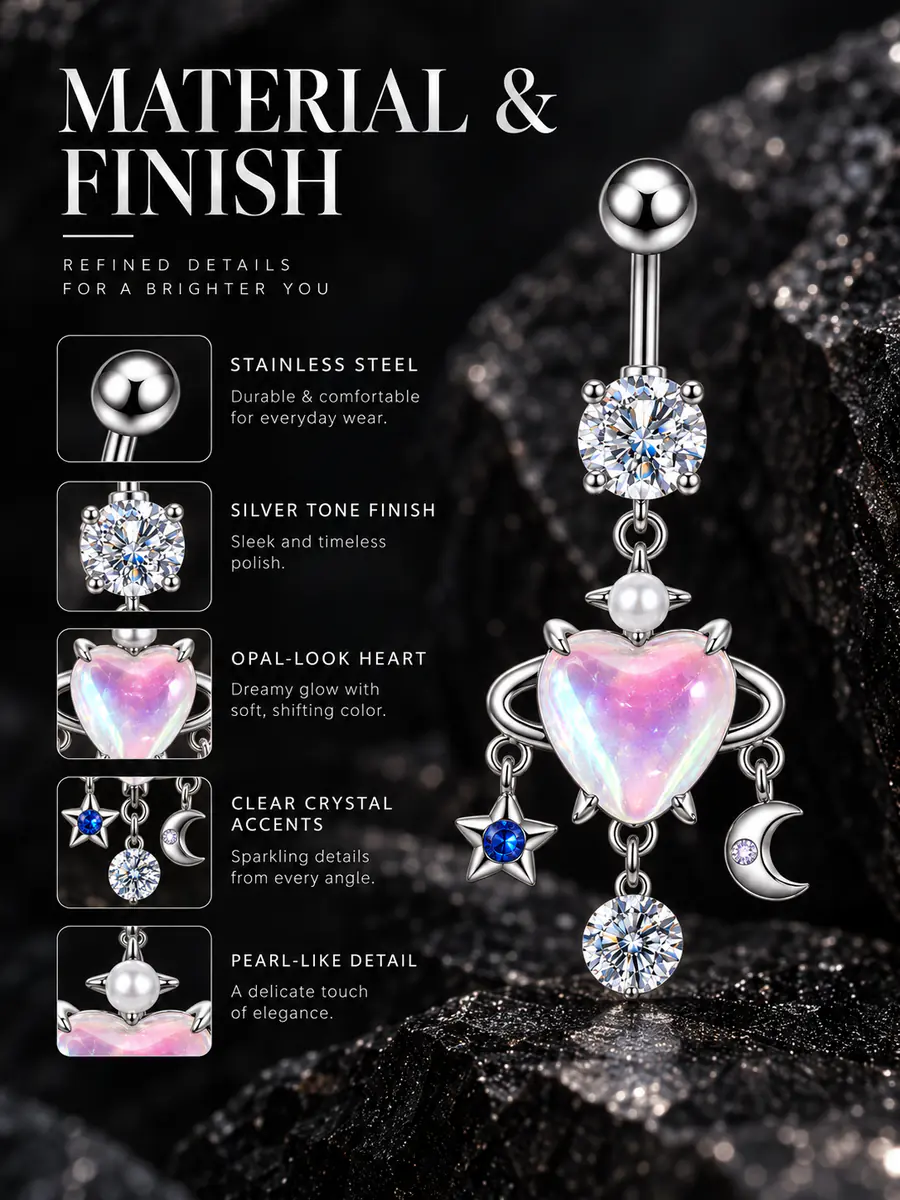Opal Heart Belly Button Ring, Moon Star Planet Dangle Navel Ring, Celestial Crystal Piercing Jewelry for Women - product image