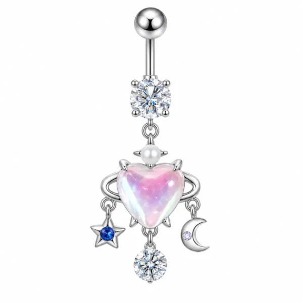 Opal Heart Belly Button Ring, Moon Star Planet Dangle Navel Ring, Celestial Crystal Piercing Jewelry for Women