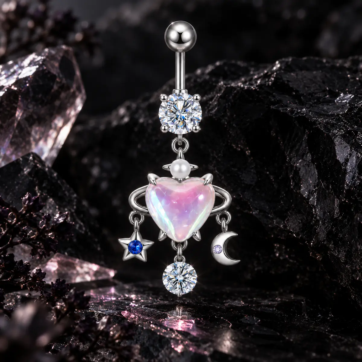 Opal Heart Belly Button Ring, Moon Star Planet Dangle Navel Ring, Celestial Crystal Piercing Jewelry for Women - product image