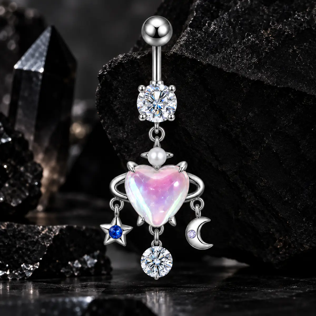 Opal Heart Belly Button Ring, Moon Star Planet Dangle Navel Ring, Celestial Crystal Piercing Jewelry for Women - product image
