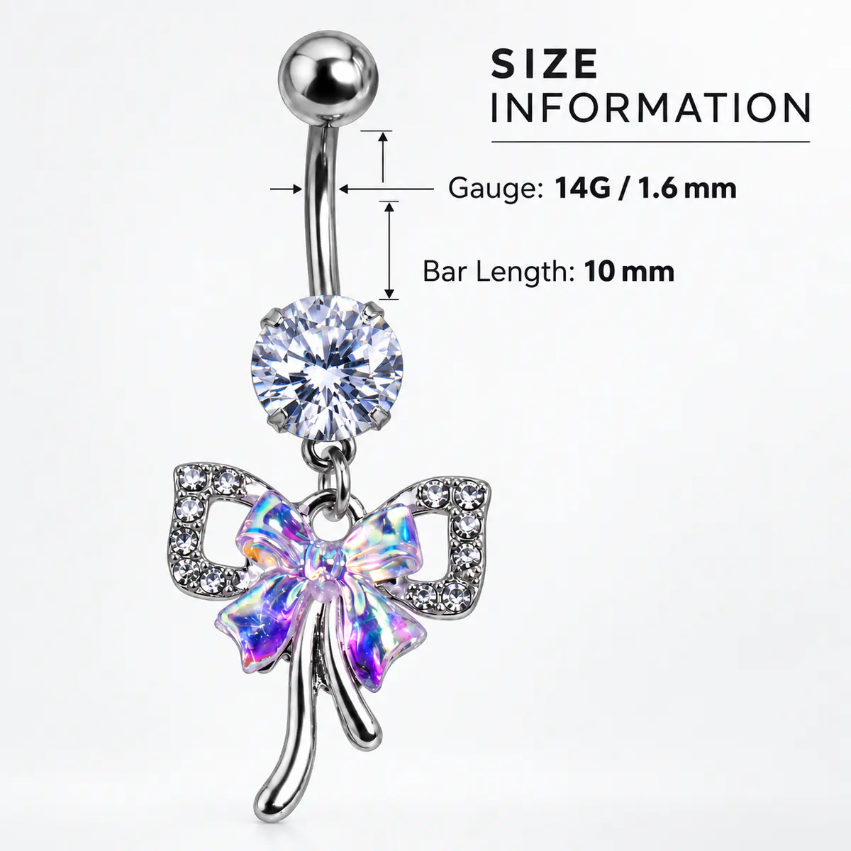 Iridescent Bow Belly Button Ring, 14G Rhinestone Navel Piercing, Stainless Steel Dangle Body Jewelry for Women - product image