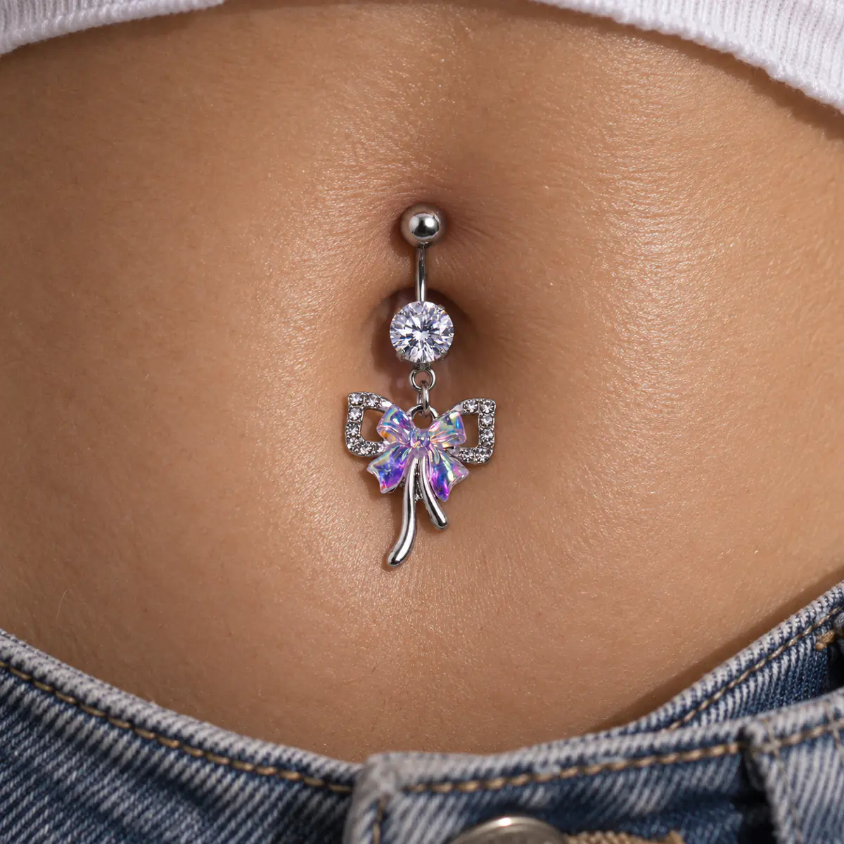 Iridescent Bow Belly Button Ring, 14G Rhinestone Navel Piercing, Stainless Steel Dangle Body Jewelry for Women - product image
