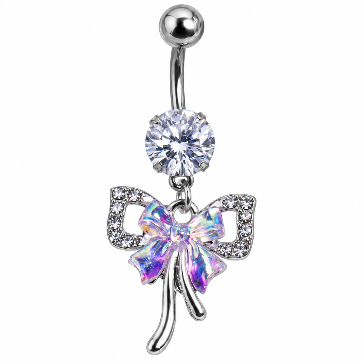 Iridescent Bow Belly Button Ring, 14G Rhinestone Navel Piercing, Stainless Steel Dangle Body Jewelry for Women - 1_pcs 1.6/10mm